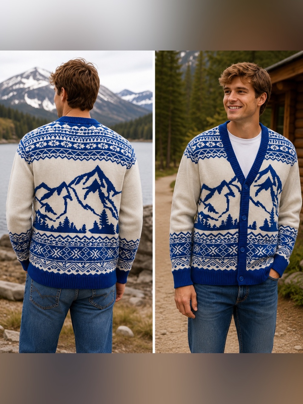 Original Use Mountains Cardigan Sweater Blue & White Size Large